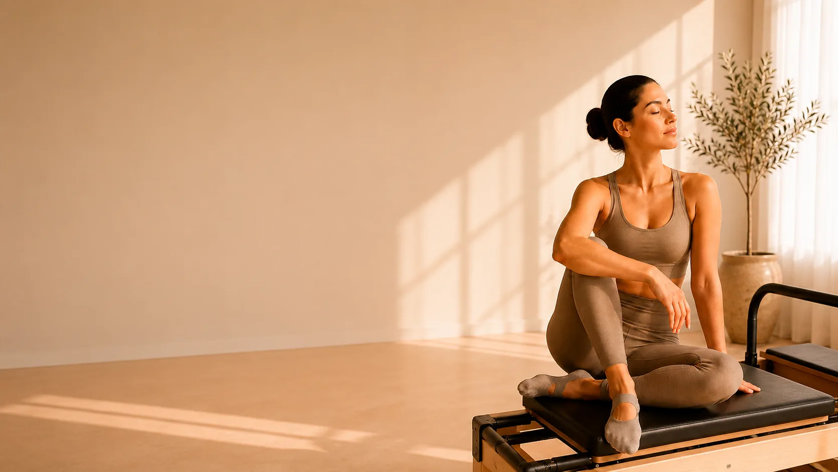 Mujer respirando sobre reformer en un estudio cálido de Pilates